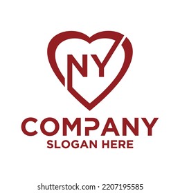 Initial letter n y in love shape logo vector design