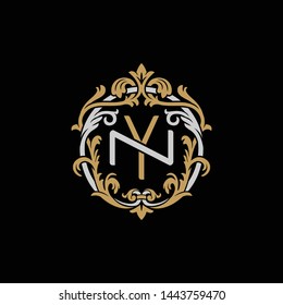 Initial letter N and Y, NY, YN, decorative ornament emblem badge, overlapping monogram logo, elegant luxury silver gold color on black background