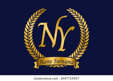 Initial letter N and Y, NY monogram logo design with laurel wreath. Luxury golden calligraphy font.