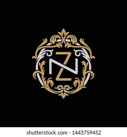 Initial letter N and Z, NZ, ZN, decorative ornament emblem badge, overlapping monogram logo, elegant luxury silver gold color on black background