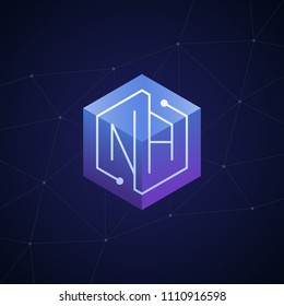 Initial letter NA, block chain, looping mono line circuit letter on hexagon cube logo, blue magenta gradient color on black blue network background