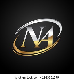 initial letter NA logotype company name colored gold and silver swoosh design. isolated on black background.