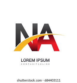 initial letter NA logotype company name colored red, black and yellow swoosh design. isolated on white background.

