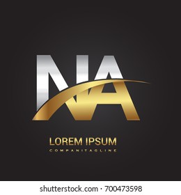 initial letter NA logotype company name colored gold and silver swoosh design. isolated on black background.