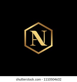 Initial letter AN NA minimalist art monogram Hexagon shape logo, gold color on black background