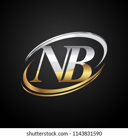 initial letter NB logotype company name colored gold and silver swoosh design. isolated on black background.