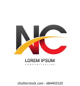 initial letter NC logotype company name colored red, black and yellow swoosh design. isolated on white background.
