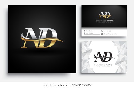 initial letter ND logotype company name colored gold and silver swoosh design. Vector sets for business identity on white background.