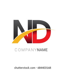 initial letter ND logotype company name colored red, black and yellow swoosh design. isolated on white background.
