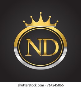 initial letter ND logotype company name with oval shape and crown, gold and silver color. vector logo for business and company identity.