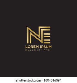 Initial Letter NE linked uppercase overlap modern gold logo vector design template. Suitable for business, consulting group company.