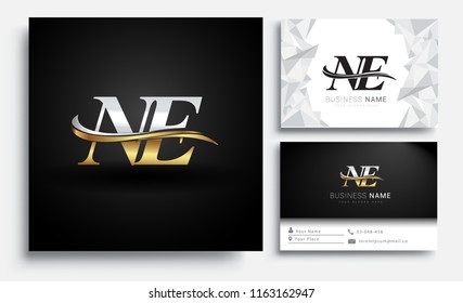 initial letter NE logotype company name colored gold and silver swoosh design. Vector sets for business identity on white background.