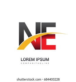 initial letter NE logotype company name colored red, black and yellow swoosh design. isolated on white background.
