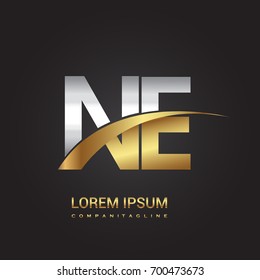 initial letter NE logotype company name colored gold and silver swoosh design. isolated on black background.