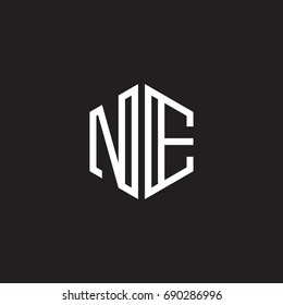 Initial letter NE, minimalist line art monogram hexagon shape logo, white color on black background