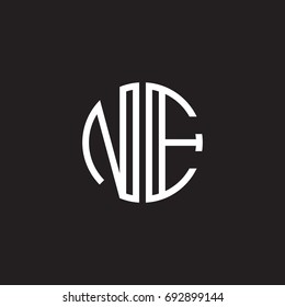 Initial letter NE, minimalist line art monogram circle shape logo, white color on black background