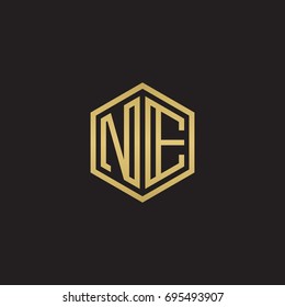 Initial letter NE, minimalist line art hexagon logo, gold color on black background
