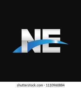 Initial letter NE, overlapping movement swoosh logo, metal silver blue color on black background