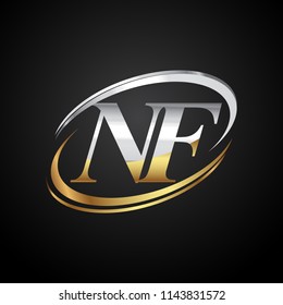 initial letter NF logotype company name colored gold and silver swoosh design. isolated on black background.