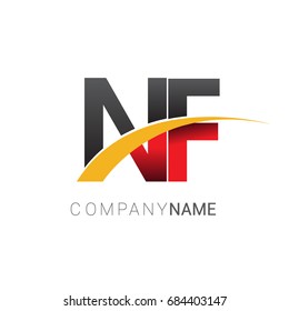 initial letter NF logotype company name colored red, black and yellow swoosh design. isolated on white background.
