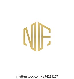 Initial letter NF, minimalist line art hexagon shape logo, gold color