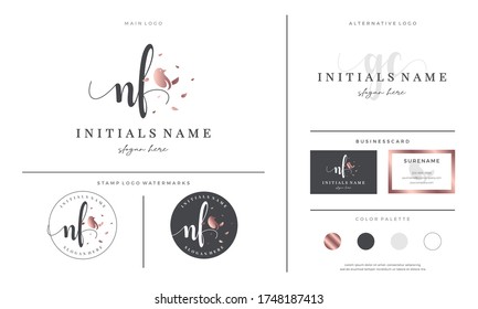 initial letter NF N F handwriting logo design with bird and leaf. Feminine branding for beauty, salon, massage, cosmetics or spa.