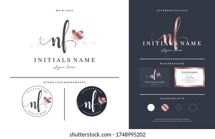 initial letter NF N F handwriting logo design with butterfly. Feminine branding for beauty salon, massage, cosmetics or spa.