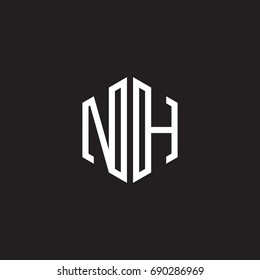 Initial letter NH, minimalist line art monogram hexagon shape logo, white color on black background