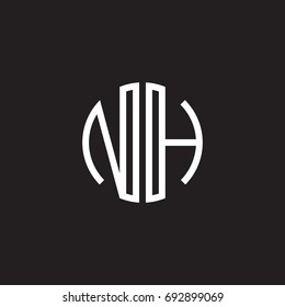 Initial letter NH, minimalist line art monogram circle shape logo, white color on black background