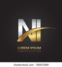 initial letter NI logotype company name colored gold and silver swoosh design. isolated on black background.