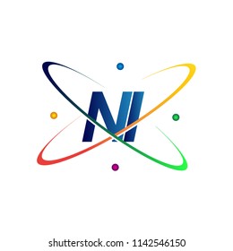 initial letter NI logotype science icon colored blue, red, green and yellow swoosh design. vector logo for business and company identity.
