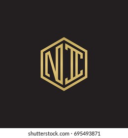 Initial letter NI, minimalist line art hexagon logo, gold color on black background