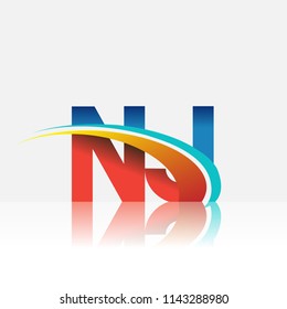 initial letter NJ logotype company name colored red and blue and swoosh design. vector logo for business and company identity.

