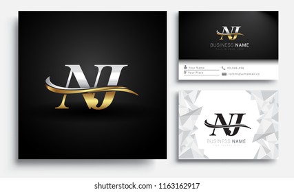 initial letter NJ logotype company name colored gold and silver swoosh design. Vector sets for business identity on white background.
