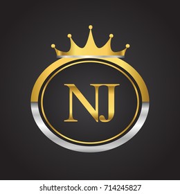 initial letter NJ logotype company name with oval shape and crown, gold and silver color. vector logo for business and company identity.
