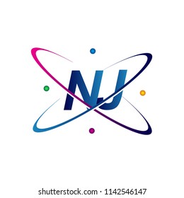 initial letter NJ logotype science icon colored blue, red, green and yellow swoosh design. vector logo for business and company identity.
