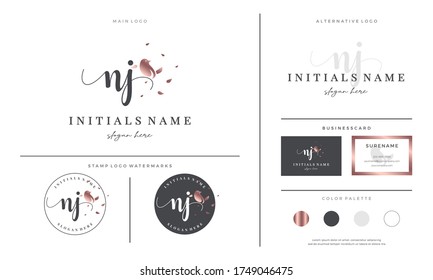 initial letter NJ N J handwriting logo design with bird and leaf. Feminine branding for beauty, salon, massage, cosmetics or spa.