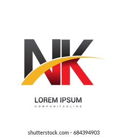 initial letter NK logotype company name colored red, black and yellow swoosh design. isolated on white background.
