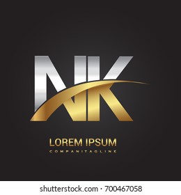 initial letter NK logotype company name colored gold and silver swoosh design. isolated on black background.