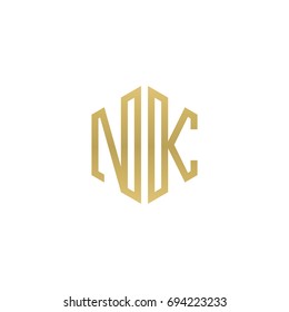 Initial letter NK, minimalist line art hexagon shape logo, gold color