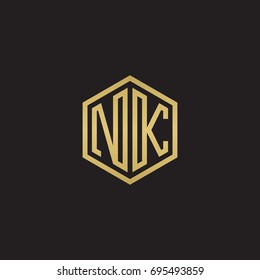 Initial letter NK, minimalist line art hexagon logo, gold color on black background