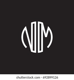 Initial letter NM, minimalist line art monogram circle shape logo, white color on black background
