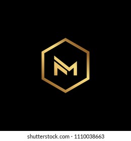 Initial letter NM MN minimalist art hexagon shape logo, gold color on black background