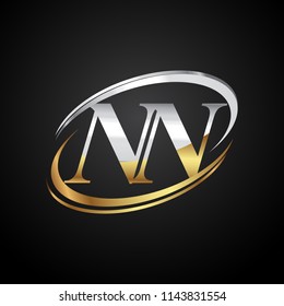 initial letter NN logotype company name colored gold and silver swoosh design. isolated on black background.