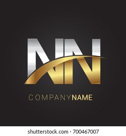 initial letter NN logotype company name colored gold and silver swoosh design. isolated on black background.