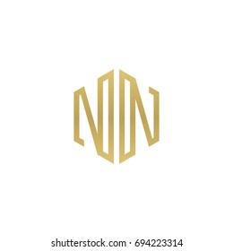 Initial letter NN, minimalist line art hexagon shape logo, gold color