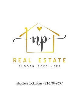 Initial letter NP calligraphy handwritten Real estate logo concept. Handwritten alphabet in the logo template. Letters and Alphabet for your logo design.