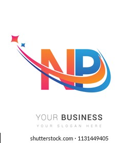 initial letter NP logotype company name colored orange, red and blue swoosh star design. vector logo for business and company identity.
