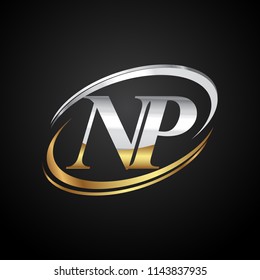 initial letter NP logotype company name colored gold and silver swoosh design. isolated on black background.
