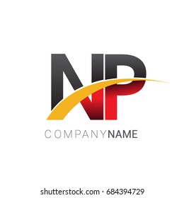 initial letter NP logotype company name colored red, black and yellow swoosh design. isolated on white background.
